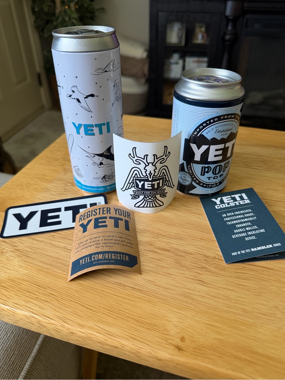 Yeti Blue & White Slim Can Cooler with Sticker Card